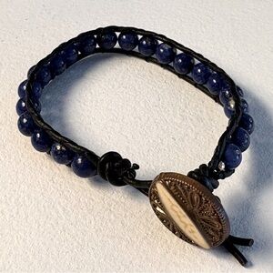 Vintage Dark Blue Lapis Bead Bracelet With Leather Cording, 8" Long